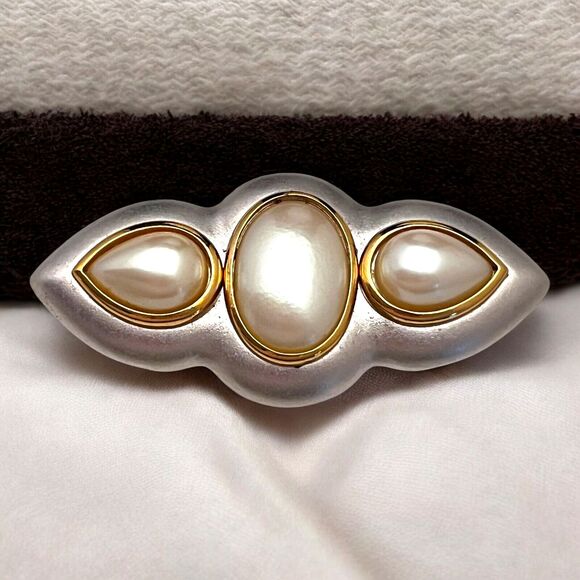 Signed YSL Vintage Brooch Yves Saint Laurent Silver & Gold Tone Faux Pearl 11Y - Picture 1 of 5